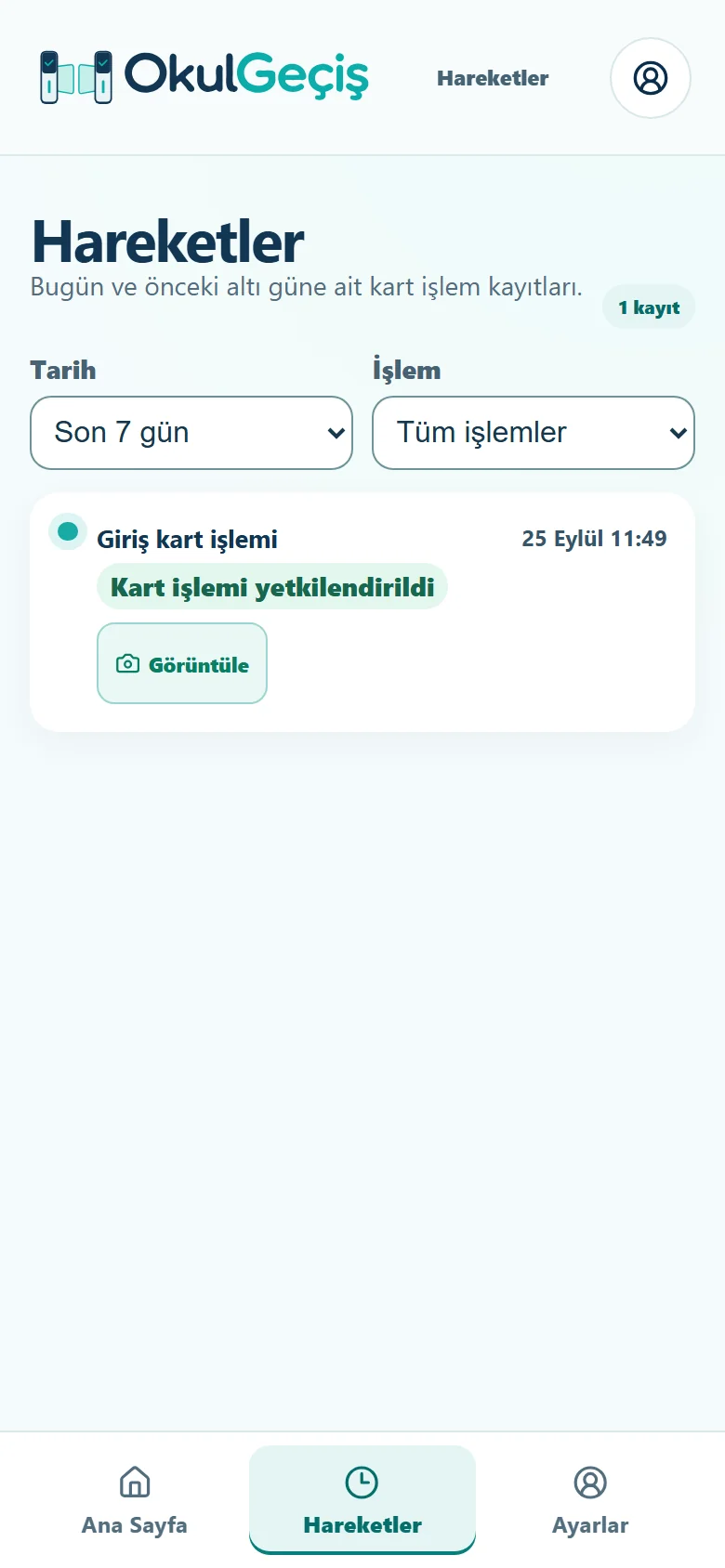 Örnek verili veli uygulaması hareketler ekranı